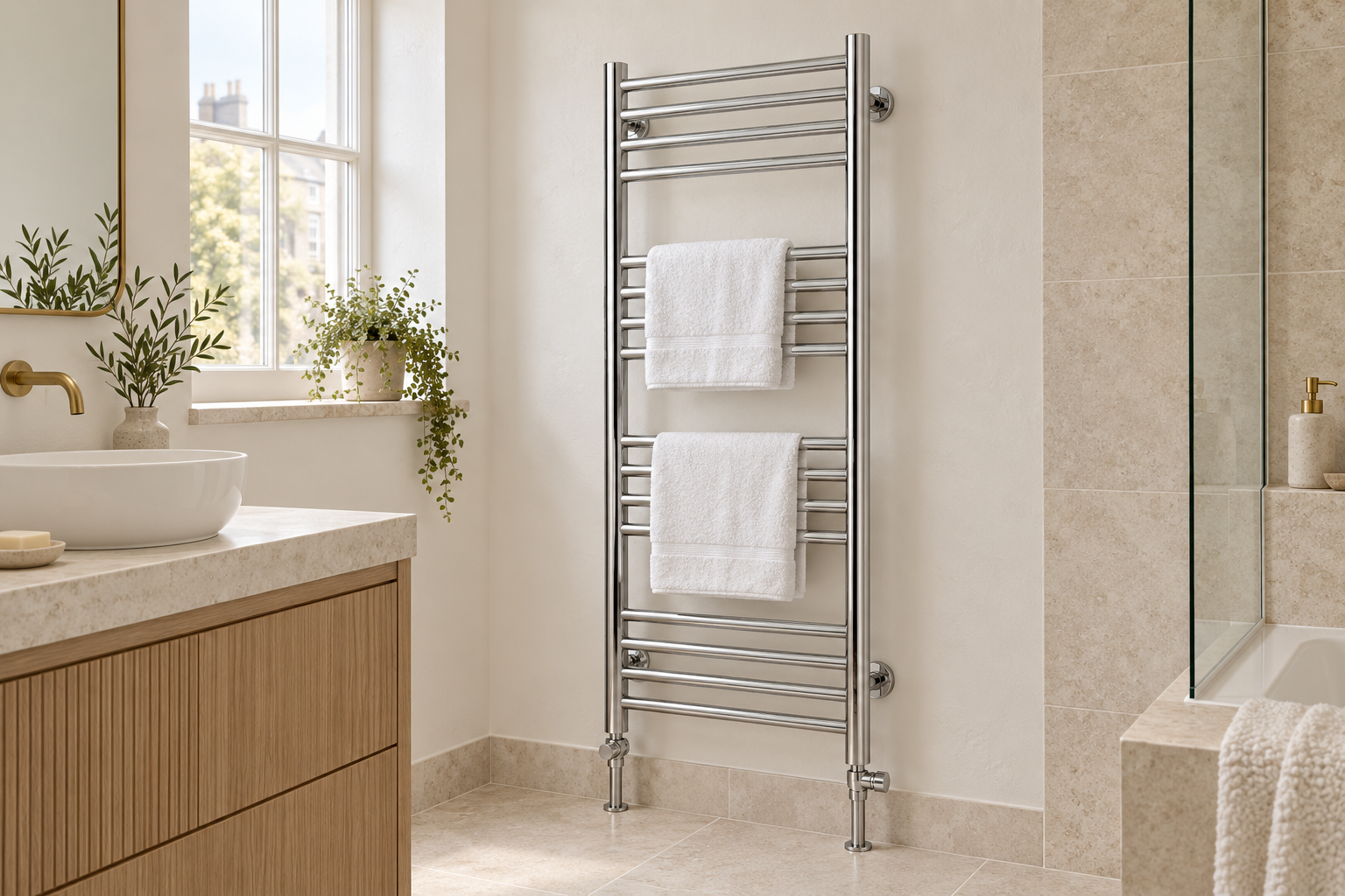 Straight chrome towel rail with towels in a modern bathroom