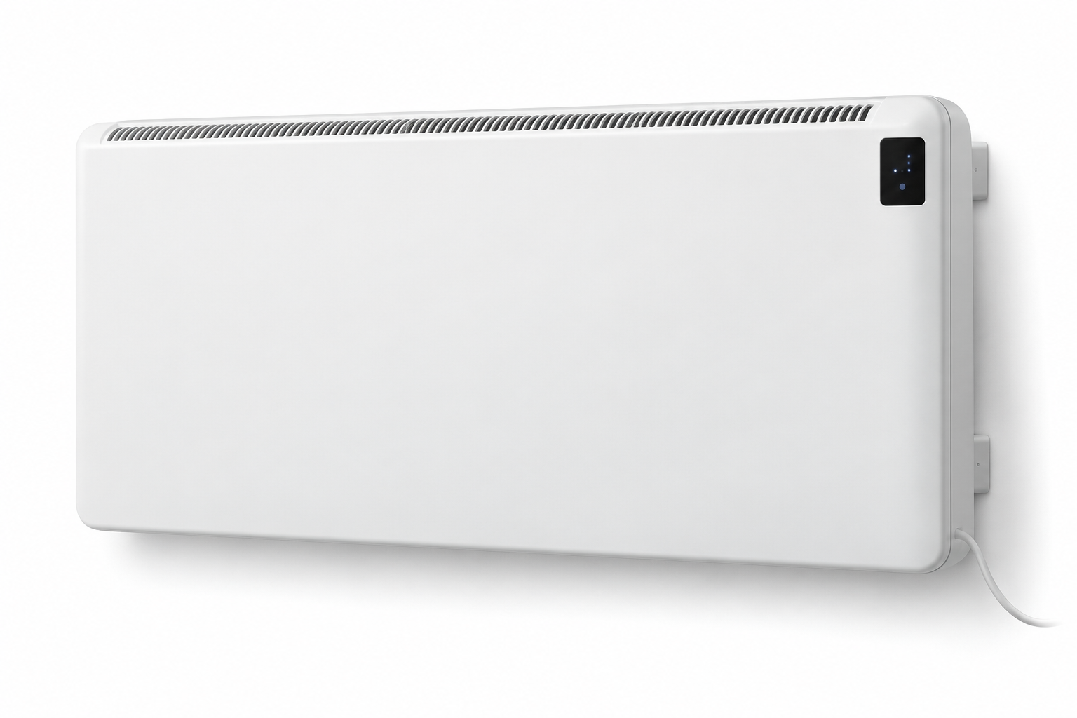 White wall-mounted electric radiator with a small display