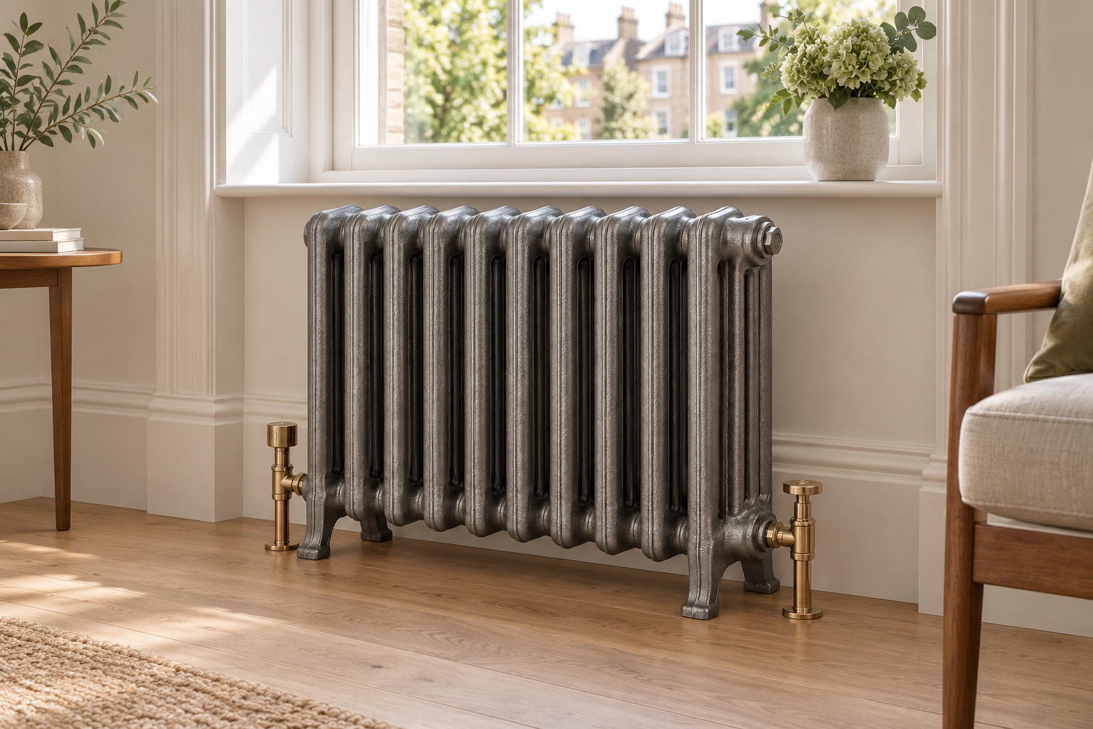 Pewter cast iron radiator beneath a Victorian sash window